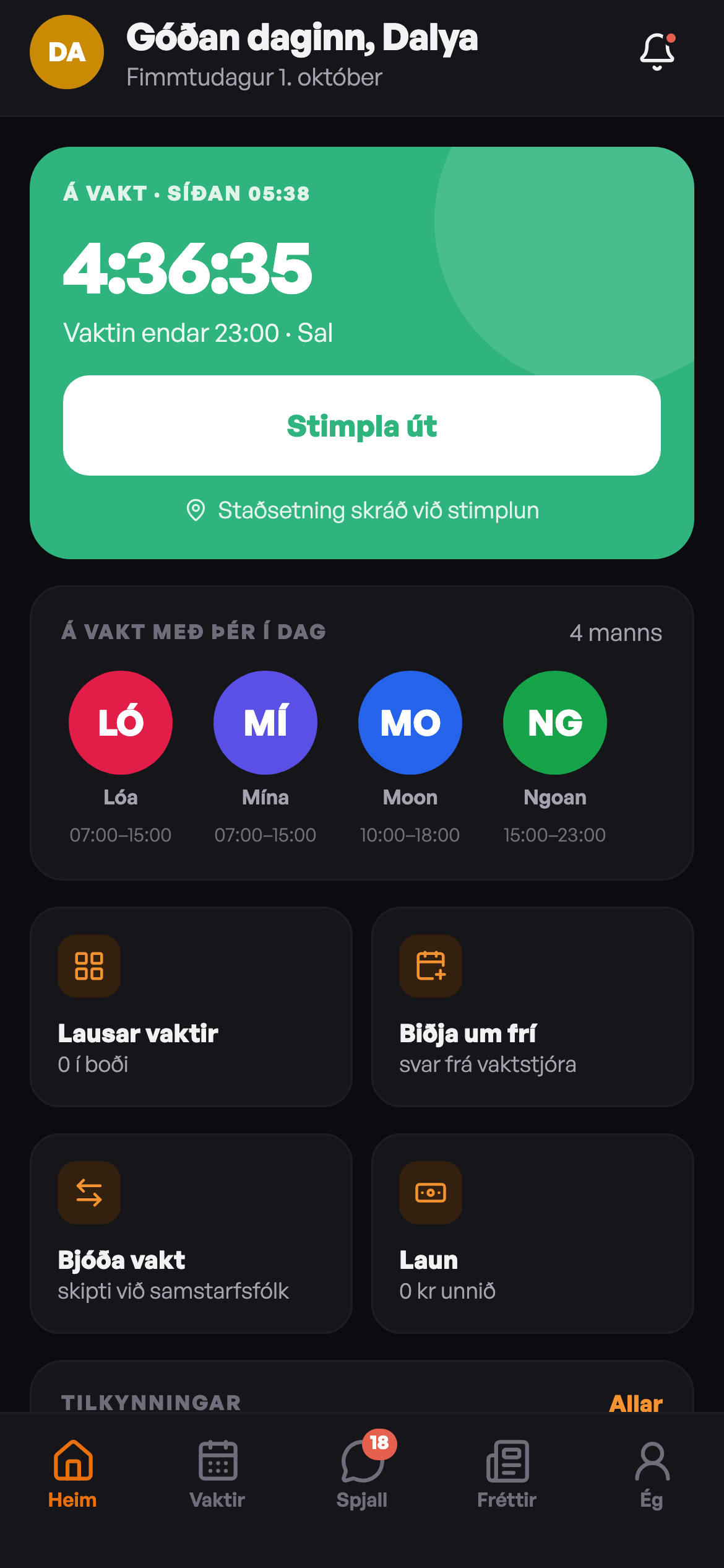 Appið í dökku þema: á vakt